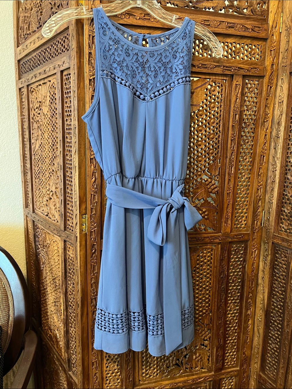 Iz Byer Dusty Blue Crochet Yoke Belted Mini Dress
